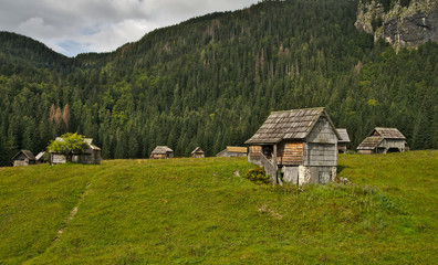 Traditional wooden shepherd huts on high alpine meadow in slovenian part of Julian Alps