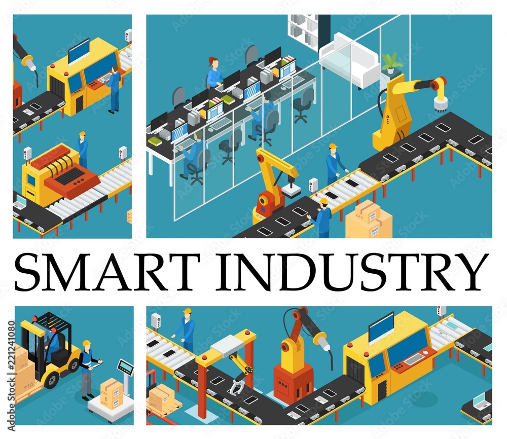 Poster isometric automated factory composition