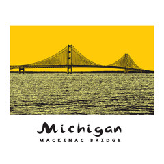 Mackinac Bridge - modern architecture construction in Michigan. Beautiful vector illustration of a long steel suspension bridge located in North America.