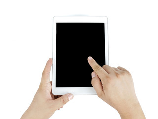 hands man asian and finger pointing on ipad, isolated on white background, copy space for text