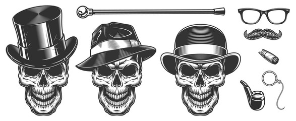 Set of gentlemen skulls - obrazy, fototapety, plakaty