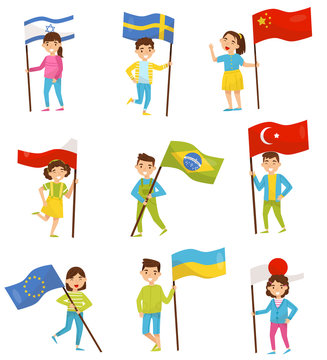 Kids holding national flags of different countries, design elements for Independence Day, Flag Day vector Illustrations on a white background
