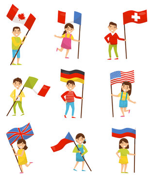 Children with national flags of different countries, holiday design elements for Independence Day, Flag Day vector Illustrations on a white background