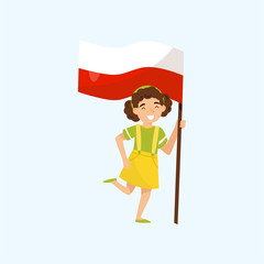 Girl holding national flag of Poland, design element for Independence Day, Flag Day vector Illustration on a white background