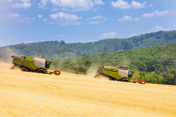 two harvesters during harvest on sunny day