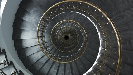 Dark, luxurious, glamour spiral staircase endless, seamless looping animation.4K