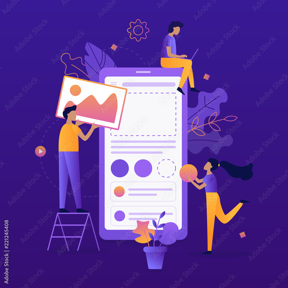 Poster team of developers construct mobile app. ui ux design. flat vector illustration.