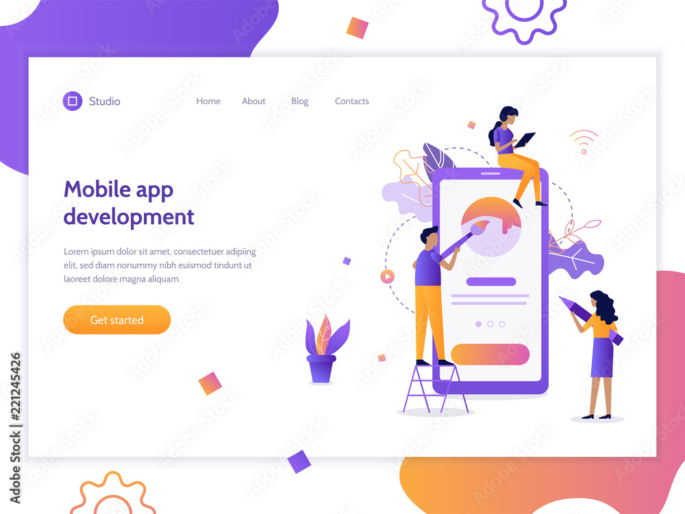 Poster the development team creates a mobile application. web banner design template. flat vector illustrat