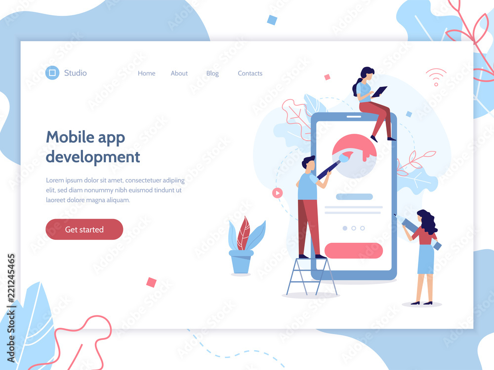 Fototapete Team of developers construct mobile app. UI UX design. Flat vector illustration.