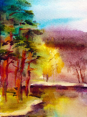 Watercolor colorful bright textured abstract background handmade . Mediterranean landscape . Painting of lake in the park, made in the technique of watercolors from nature