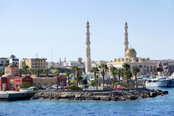 Fototapeta na wymiar Panorama with view of central part of Hurghada. Tropical resort