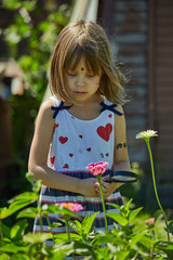 A little sweet little girl of 4-5 years looks at the plants in the garden with the help of a magnifying glass.