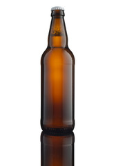 Brown beer bottle with white cap on white background