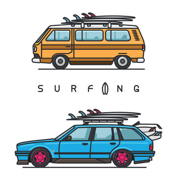 Van and wagon cars with surfboards on the top of the roof 