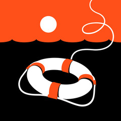 Ring lifebuoy and sea. Vector illustration. Black. White. Orange. v1.