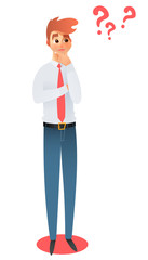 Thinking businessman with question marks vector illustration