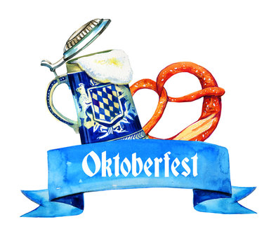 Hand drawn watercolor illustration for oktoberfest with bavarian beer ceramic mug and brezel