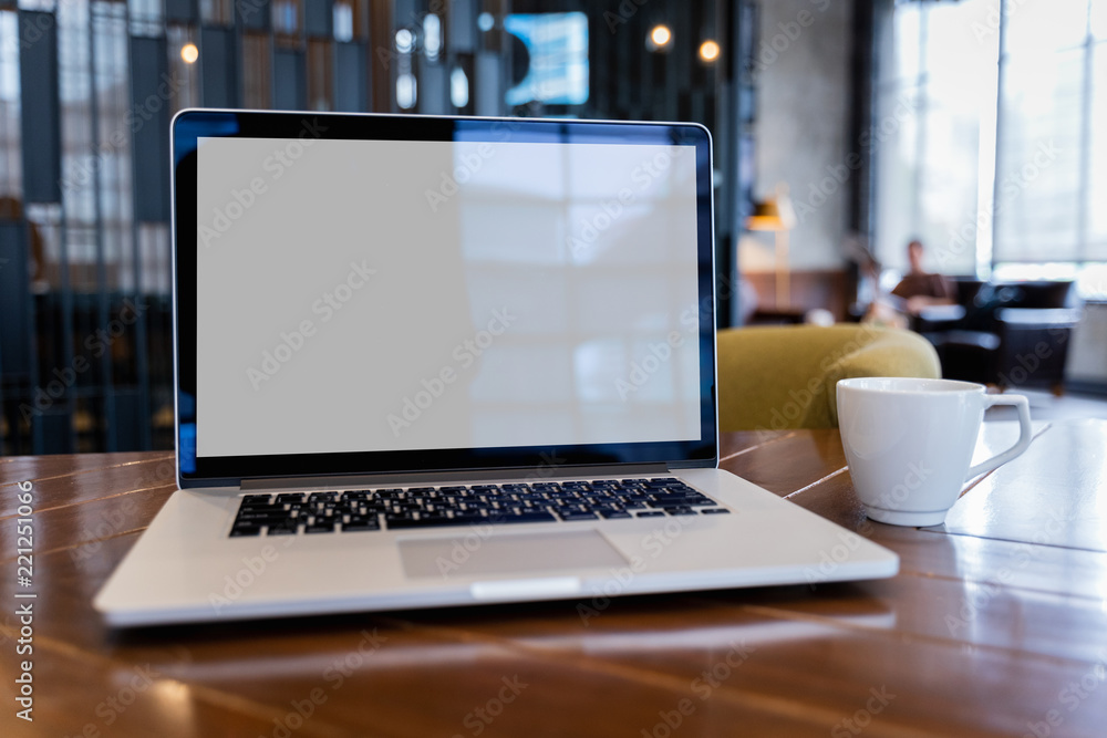 Poster mock up using laptop with blank screen computer modern