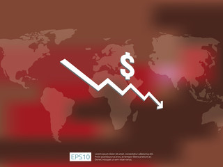 dollar money fall down symbol with world map and blur background. arrow decrease economy stretching rising drop. Business loss crisis decrease illustration. cost reduction bankrupt vector