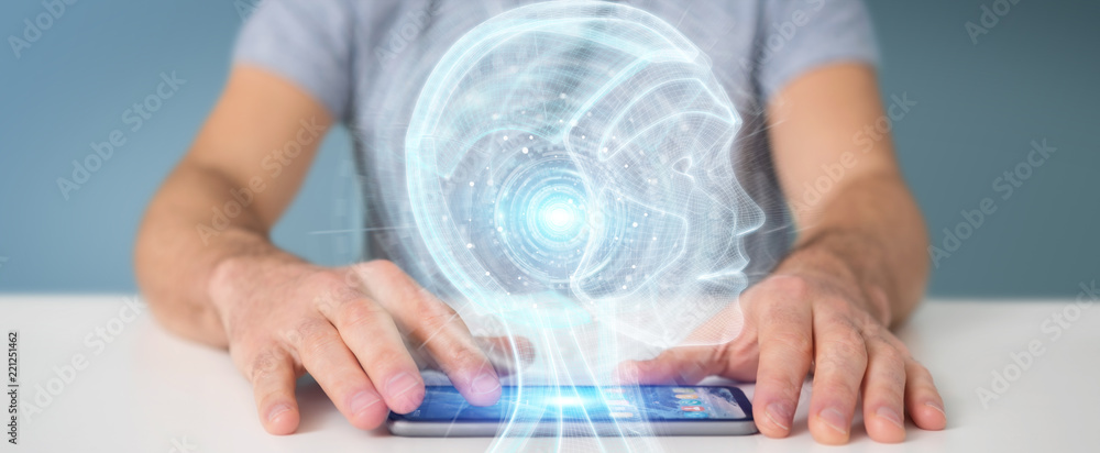 Poster businessman using digital artificial intelligence interface 3d rendering