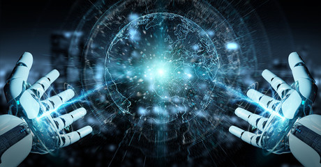 White cyborg hand using planet Earth interface 3D rendering