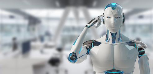 White male cyborg thinking and touching his head 3D rendering