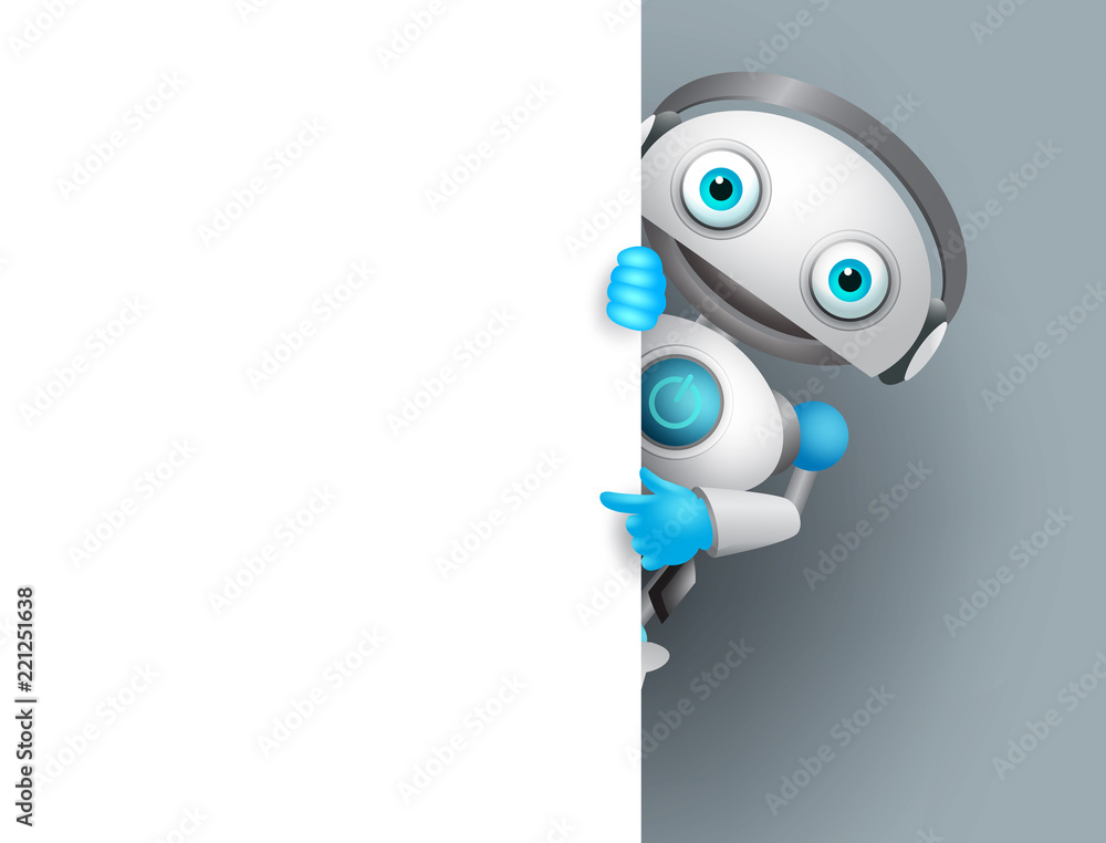 Poster white robot vector character holding empty white board for presentation. cyborg mascot pointing whit