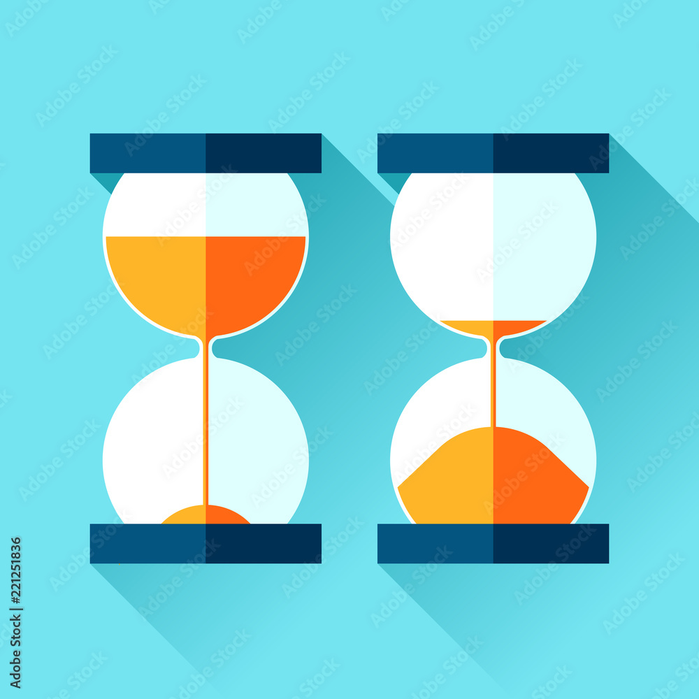 Poster hourglass icons set in flat style, sandglass on color background. vector design elements for you pro