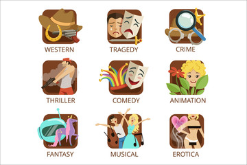 Movie genres set, crime, comedy, animation, western, tragedy, thriller, fantasy, musical, erotica colorful vector Illustrations