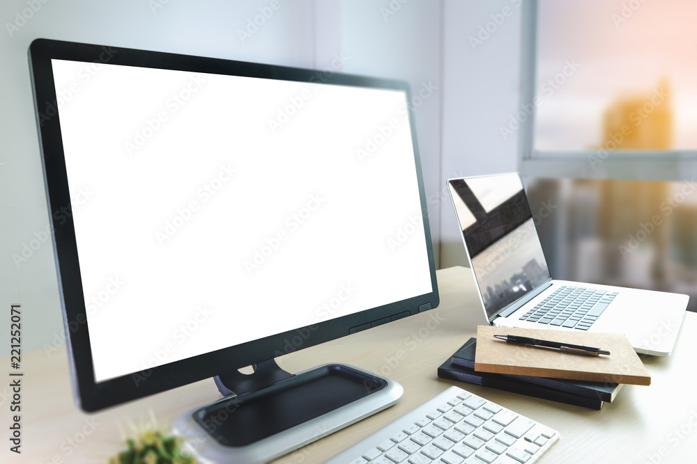 Poster mock up using laptop with blank screen computer modern
