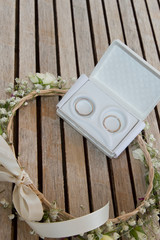 gold wedding rings in white case on a wooden background