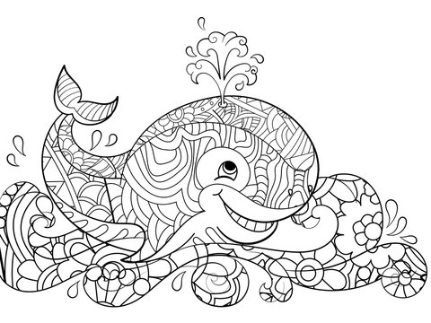 Antistress coloring whale on the waves. Scribbles, black lines, pattern, white background. Big fish in water raster