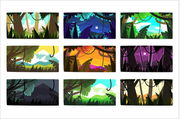 Tropical jungle landscapes set in different different colors and times of day