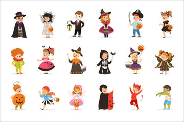 ute little kids in colorful halloween costumes set, Halloween children trick or treating vector Illustrations