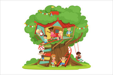 Children playing and having fun in the treehouse, kids playground with swing and ladder colorful detailed vector Illustration