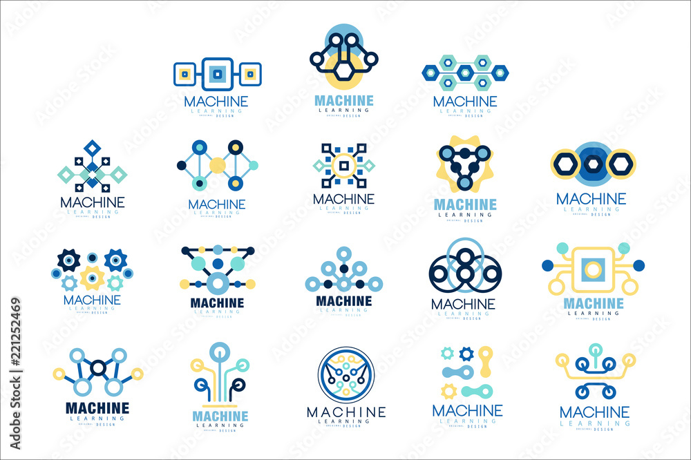 Poster learning machine label original design set of vector illustrations