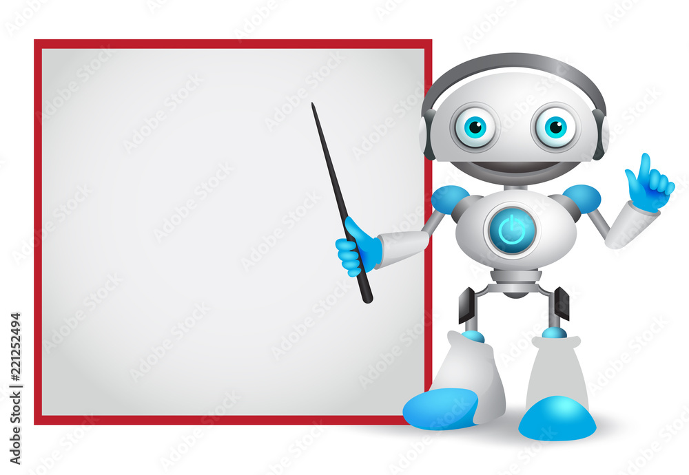Poster robot character vector illustration with friendly gesture teaching or showing technology information