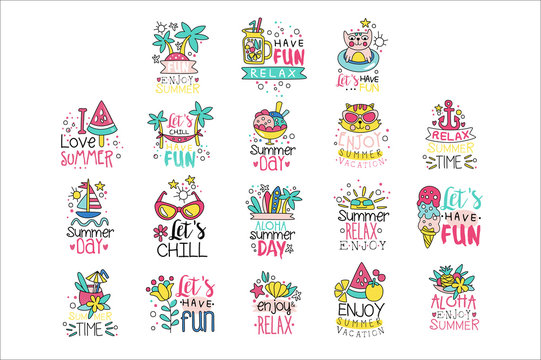 Cute summer labels set, enjoy summer vacation hand drawn colorful vector Illustrations