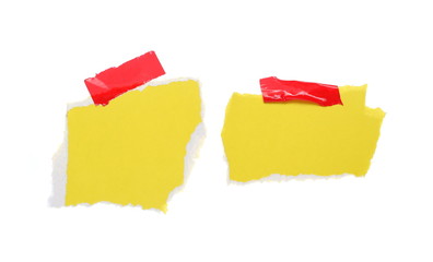Torn yellow color paper with red tape, set and collection isolated on white background, clipping path
