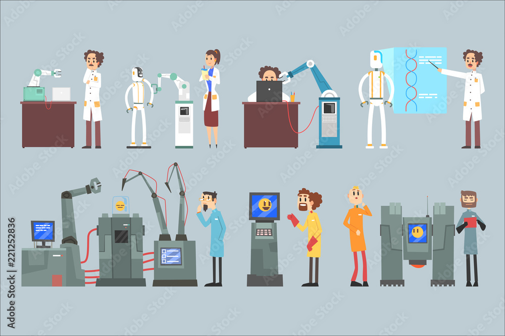 Poster scientists invention in robotic cybernetic engineering industry set, artificial intelligence element