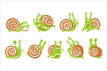 Cute snail character set, funny mollusk with different emotions colorful hand drawn vector Illustrations