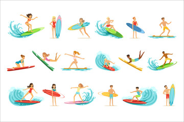 Surfboarders riding on waves set, surfer men with surfboards in different poses vector Illustrations - obrazy, fototapety, plakaty