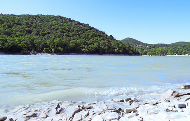 Sukko Lake. Krasnodar region. Russia. View of the unique cypresses and wooded slopes of the...