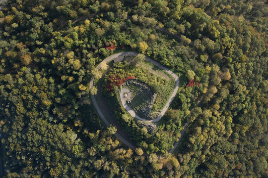 View from above Birkenkopf, Schuttberg hill surrounded by trees, Stuttgart, Baden-Wuerttemberg, Germ