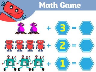 Fototapeta premium Mathematics educational game for children. Learning subtraction worksheet for kids, counting activity. Vector illustration Robot