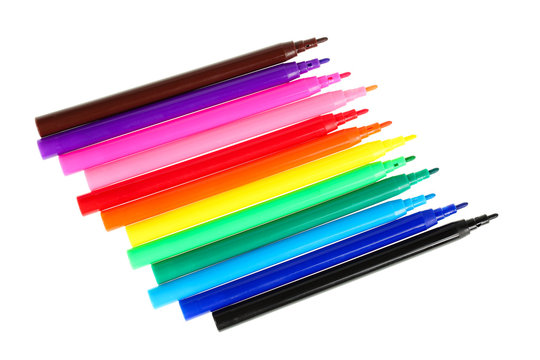 Set of twelve,left opened felt tip markers in different colors isolated on white background