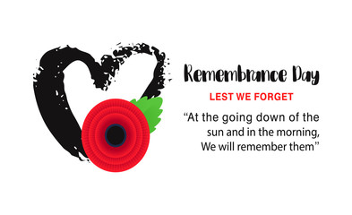 Remembrance Day vector poster. Lest We forget. Bright Red Poppy flower