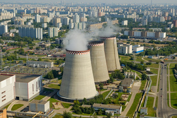 Thermal power plants in a megacity on a clear day