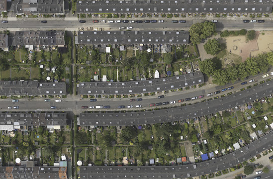 Aerial view row house rooftops near Cologne, North Rhine-Westphalia, Germany