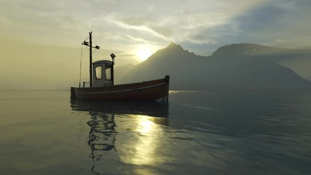 An old fishing boat drifting slowly on the foggy sea during beautiful sunset. 4K
